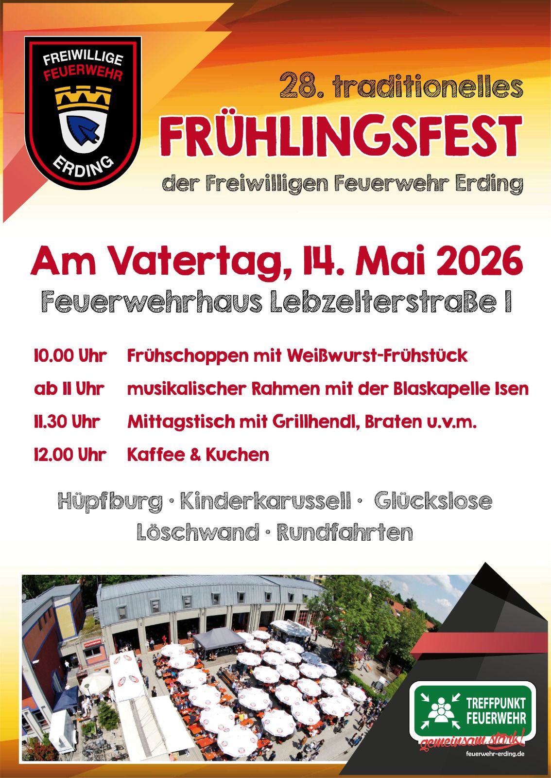 Flyer 28. Frühlingsfest Freiwillige Feuerwehr Erding am 14. Mai 2026